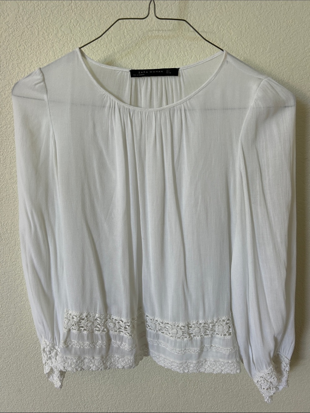 Zara White Long-Sleeve Lace-Trim Blouse